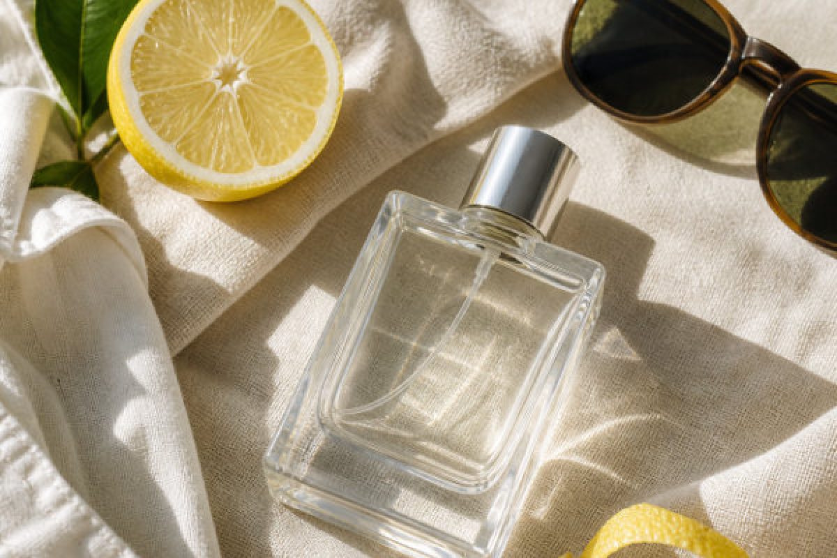 Męskie perfumy na lato z cytryną, lnianą koszulą i okularami przeciwsłonecznymi.