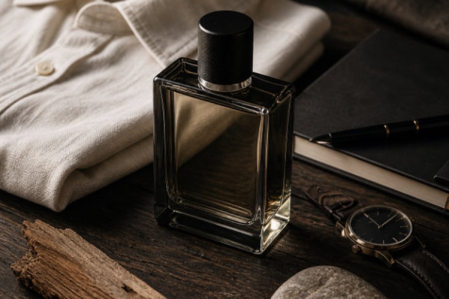 Najlepsze męskie perfumy - Elegancki flakon męskich perfum bez logo na ciemnym drewnianym blacie obok koszuli, notesu, zegarka i kamienia.