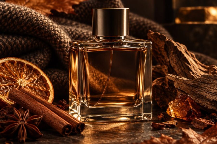 Bezmarkowy flakon męskich perfum w jesiennej aranżacji z cynamonem, suszoną pomarańczą, drewnem i liśćmi.