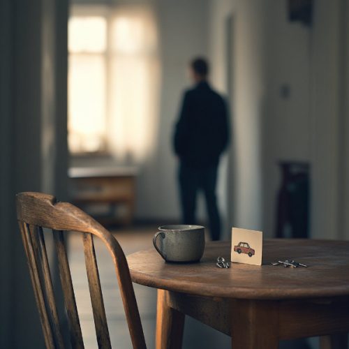 Półpusty stół z kubkiem, kluczami i dziecięcym rysunkiem, w tle samotny mężczyzna w mieszkaniu po rozwodzie